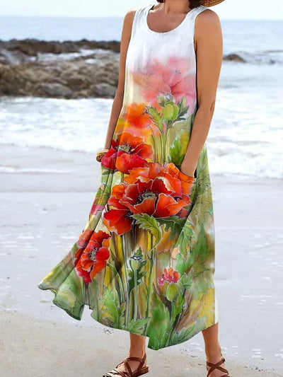 Women's Casual Floral Art Print Sleeveless Pocket Dress