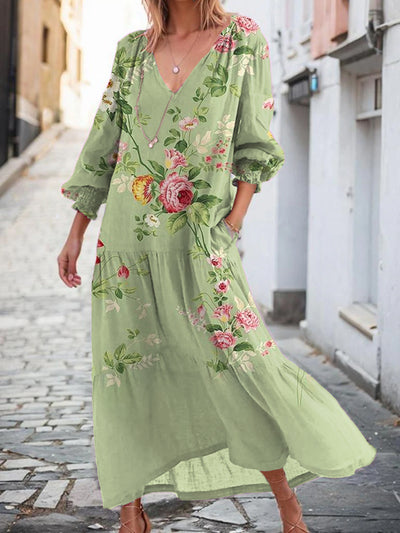 Vintage Floral Art Print Chic V-Neck Long Sleeve Elegant Flowing Long Dress