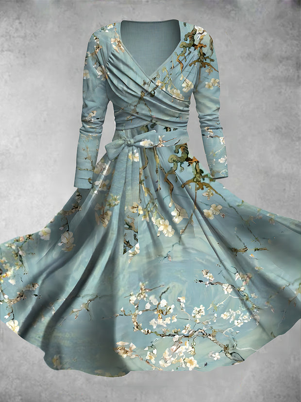 Retro Floral Art Print Retro Cross Fold Short Sleeve Two Piece Midi Dress