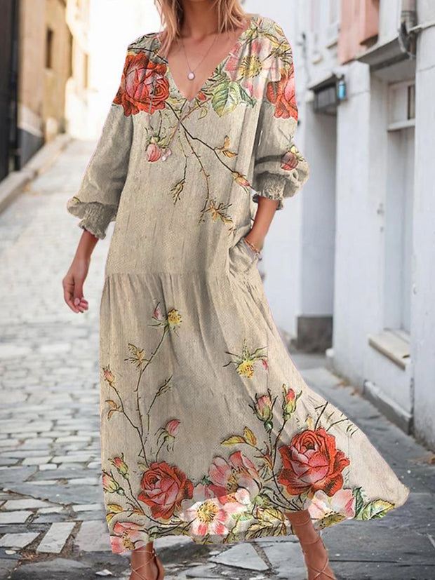 Vintage Floral Art Print Chic V-Neck Long Sleeve Elegant Flowing Long Dress