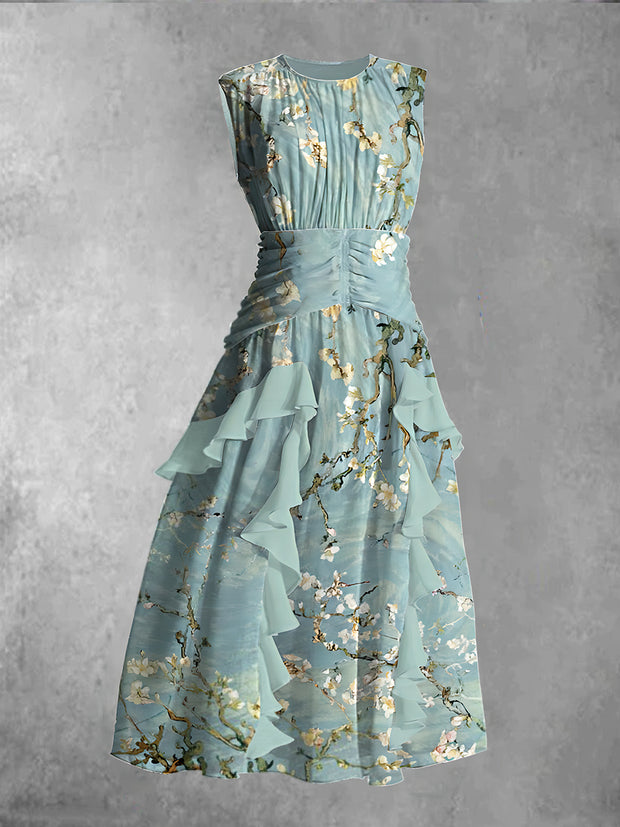 Elegant And Chic Chiffon Sleeveless Streamer Midi Dress With Vintage Floral Print