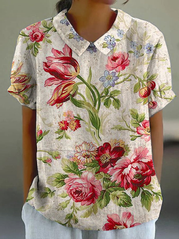 Women's Vintage Floral Art Print Casual Short Sleeve Shirt Tops