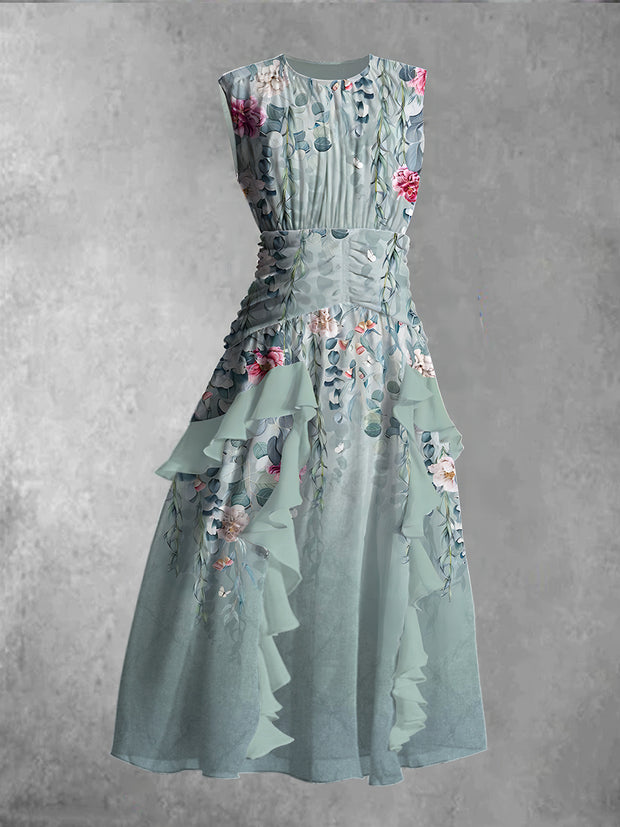 Elegant And Chic Chiffon Sleeveless Streamer Midi Dress With Vintage Floral Print