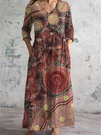 Vintage Art Print Chic V Neck Three Quarter Sleeve Elegant Midi Dress