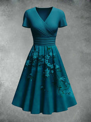 Retro Floral Art Printed V-Neck Elegant And Chic Loose Short-Sleeved Midi Dress