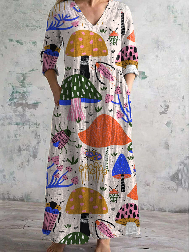 Vintage Art Print Chic V Neck Three Quarter Sleeve Elegant Midi Dress