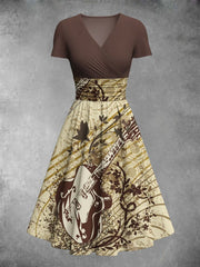 Vintage Floral Art Guitar Print V Neck Elegant and Chic Loose Short Sleeve Midi Dress