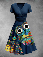 Vintage Owl Print V Neck Elegant and Chic Loose Short Sleeve Midi Dress