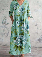 Vintage Floral Art Printed Chic V-Neck Three-Quarter Sleeve Elegant Midi Dressess