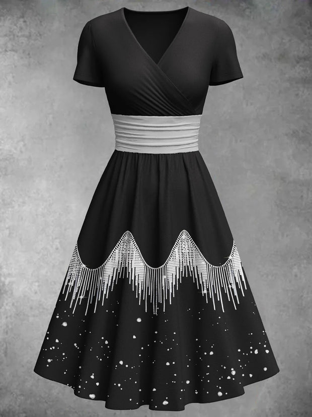 Vintage Gradient Art Print V-Neck Elegant and Chic Loose Short Sleeve Midi Dress