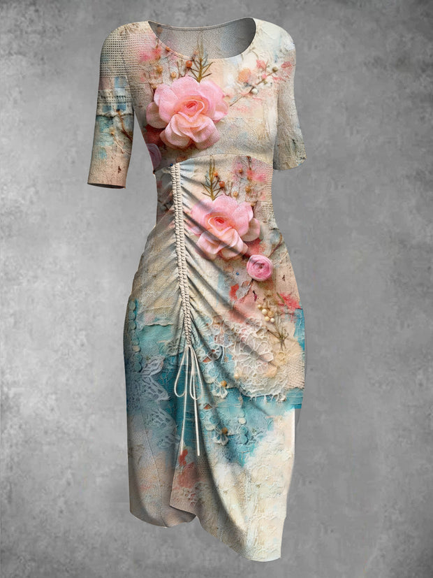 Retro Floral Art Print Round Neck Elegant and Chic Half Sleeve Midi Dress