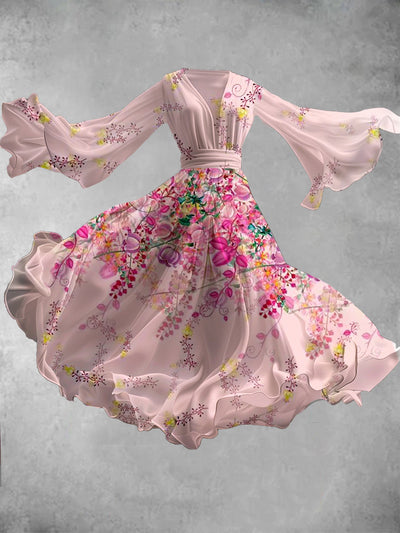 Vintage Floral Art Print V-Neck Long-Sleeved Flowing Midi Dress