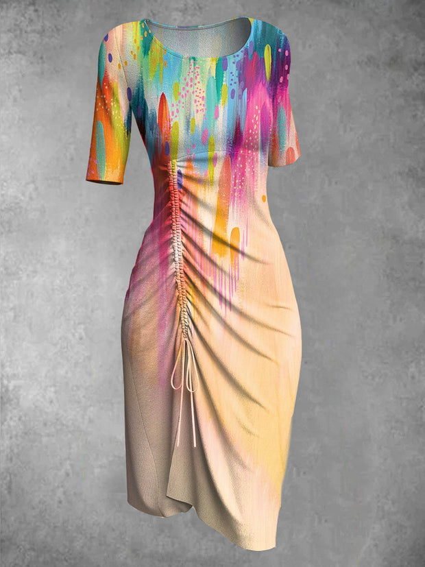 Retro Gradient Art Print Round Neck Elegant and Chic Half Sleeve Midi Dress