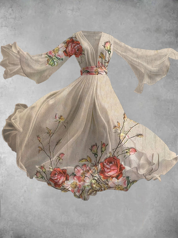 Vintage Floral Art Print V-Neck Long-Sleeved Flowing Midi Dress