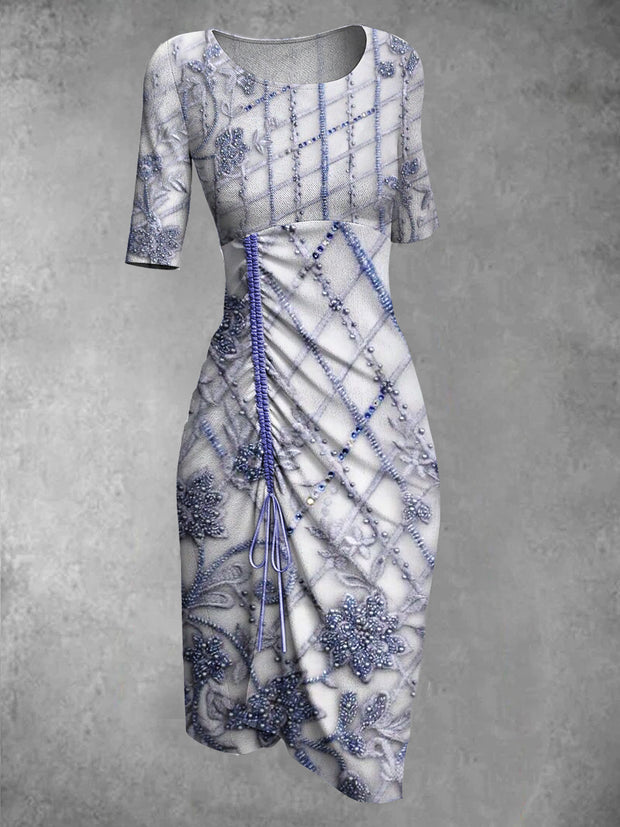 Retro Art Print Round Neck Elegant and Chic Half Sleeve Midi Dress