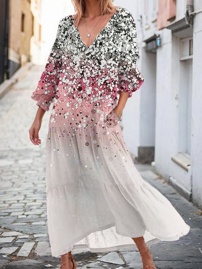 Vintage Sequin Ombre Art Print Chic V-neck Long Sleeve Elegant Flowing Long Dress