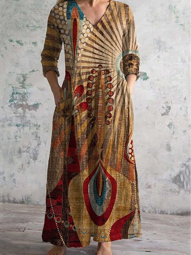 Vintage Art Printed Chic V-Neck Three-Quarter Sleeve Elegant Midi Dress