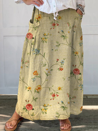 Women's Vintage Art Floral Print Elastic Waist Pocket Casual Skirt