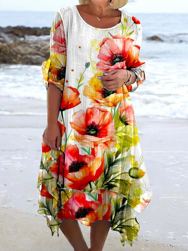 Retro Floral Art Print Chic Three Quarter Sleeve Round Neck Elegant Midi Dress