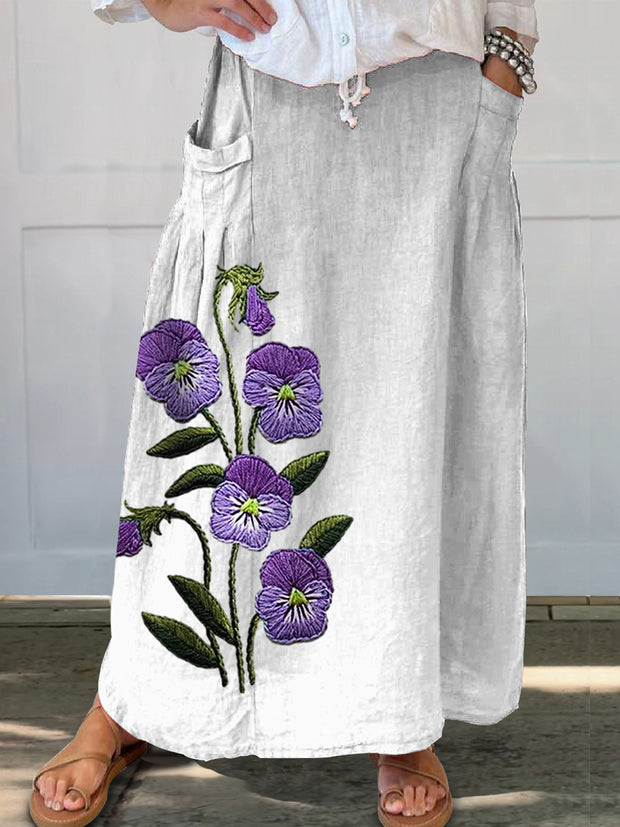 Women's Vintage Art Floral Print Elastic Waist Pocket Casual Skirt
