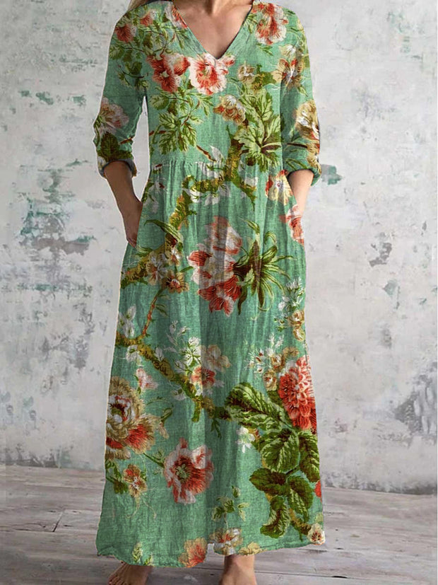 Vintage Floral Art Print Chic V-Neck Three-Quarter Sleeve Elegant Midi Dress