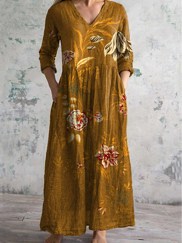 Vintage Floral Art Printed Chic V-Neck Three-Quarter Sleeve Elegant Midi Dresss