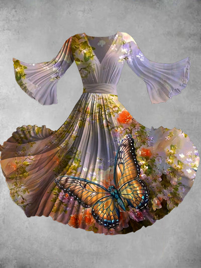 Retro Butterfly Flower Art Printing Retro V -Neck Long Sleeve Elegant Midi Dress