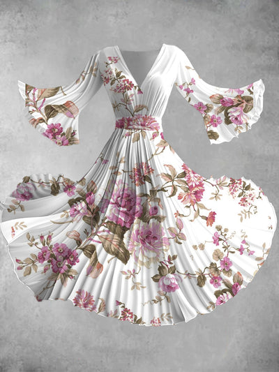 Retro Floral Art Printed Retro V-Neck Long Sleeve Elegant Midi Dress