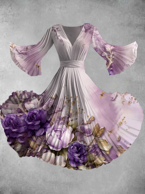 Retro Floral Art Printed Retro V-Neck Long Sleeve Elegant Midi Dress