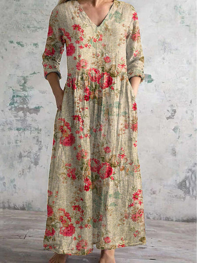 Vintage Floral Art Printed Chic V-Neck Three-Quarter Sleeve Elegant Midi Dress