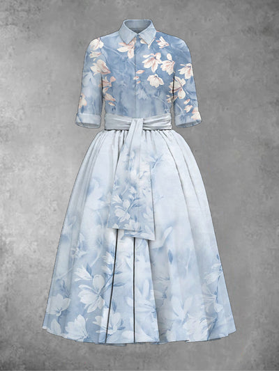 Retro Floral Art Print Lapel Half Sleeve Elegant Midi Dress