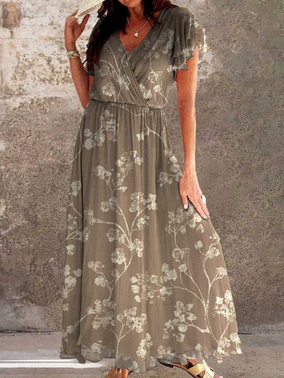 Vintage Floral Art Print Chic V-Neck Short Sleeve Elegant Long Dress