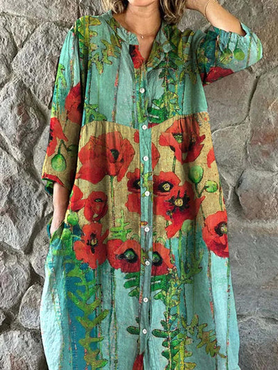 Vintage Floral Art Print Chic V-Neck Three-Quarter Sleeve Button Up Elegant Midi Dress