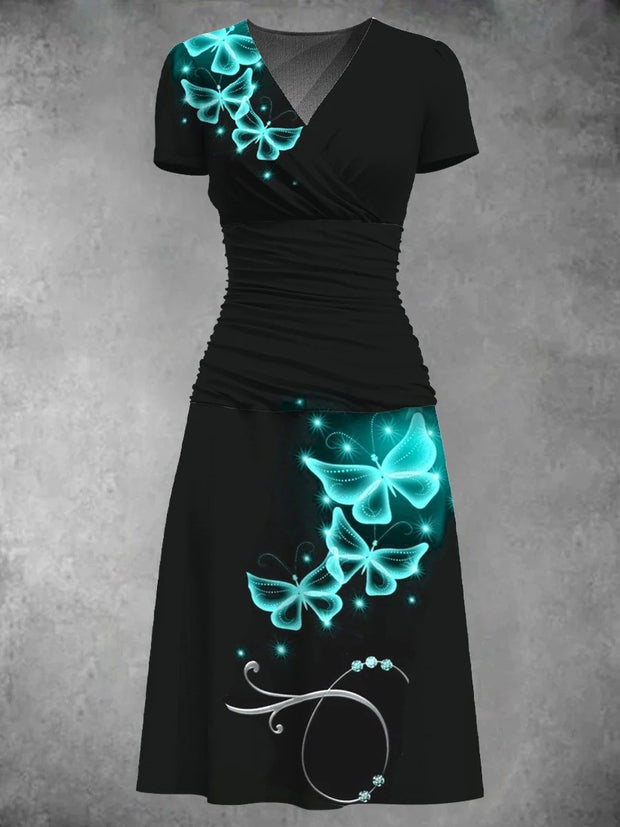 Women's Vintage V-Neck Butterfly Art Print Casual Short Sleeve Elegant Midi Dress