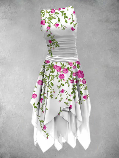Vintage Floral Art Print Casual Fashion Sleeveless Midi Dress