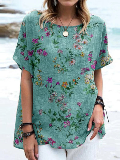 Women's Retro Floral Art Print Casual Cotton and Linen Round Neck Short Sleeve Shirt Tops