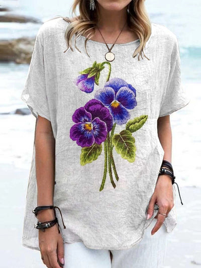 Women's Retro Floral Art Print Casual Cotton and Linen Round Neck Short Sleeve Shirt Tops