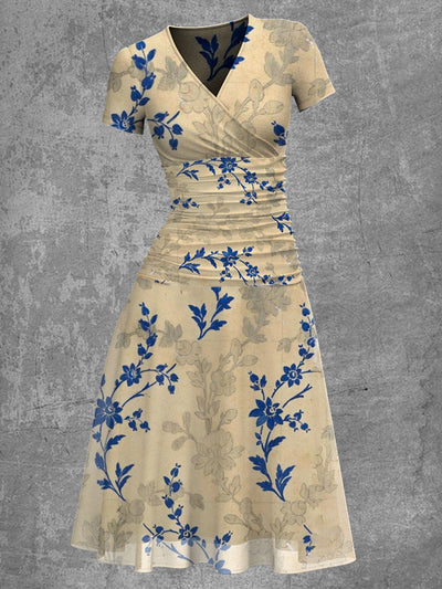 Women's Vintage V-Neck Floral Art Print Casual Short Sleeve Elegant Chiffon Midi Dress