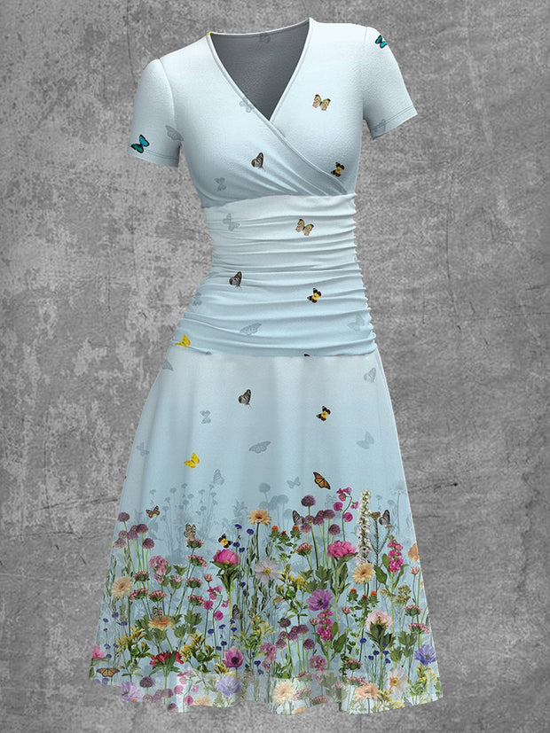 Women's Vintage V-Neck Floral Art Print Casual Short Sleeve Elegant Chiffon Midi Dress