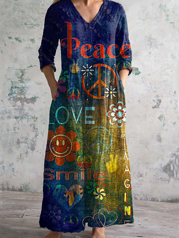Vintage Hippie Art Print Chic V Neck Three Quarter Sleeve Elegant Midi Dress