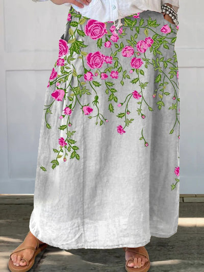 Women's Vintage Floral Print Elastic Waist Pocket Casual Skirt