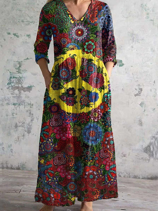 Vintage Hippie Art Print Chic V Neck Three Quarter Sleeve Elegant Midi Dress