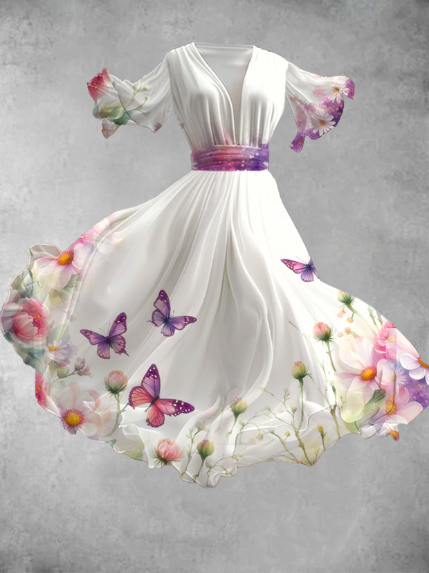 Vintage Floral Art Print V-Neck Elegant and Chic Short Sleeve Flowing Midi Dress