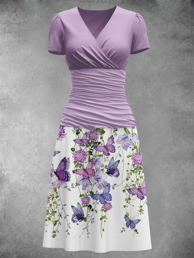 Women's Vintage V-Neck Floral Art Print Casual Short Sleeve Elegant Midi Dress
