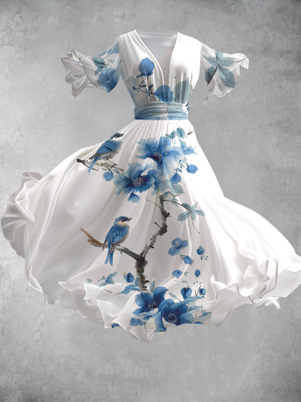 Vintage Floral Art Print V-Neck Elegant and Chic Short Sleeve Flowing Midi Dress