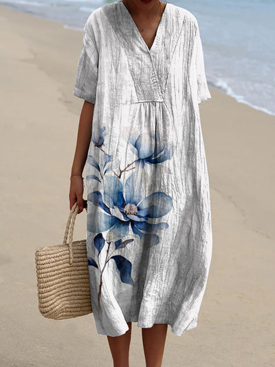 Elegant And Chic Loose Short-Sleeved Midi Dress With Vintage Floral Print V-Neck