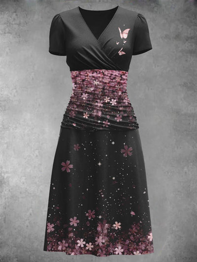 Women's Vintage V-Neck Floral Art Print Casual Short Sleeve Elegant Midi Dress