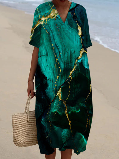 Grace Abstract Color Printed V-Neck Elegant Chic Loose Short Sleeve Midi Dress