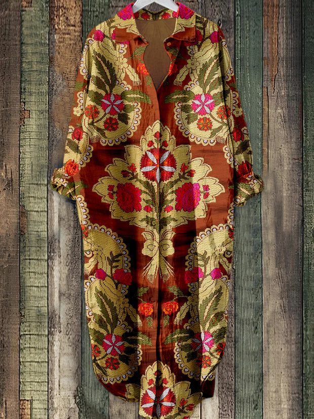 Boho Paisley Floral Printed Elegant Vintage Lapel Loose Long Sleeve Midi Shirt Dress