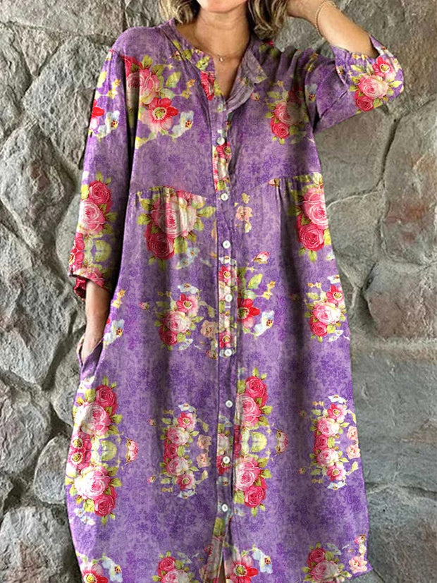 Retro Leaf Floral Print Vintage Chic V-Neck Button Up Long Sleeve Midi Dress